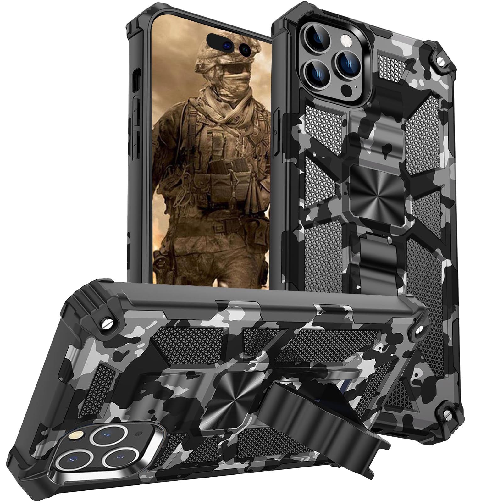 CCSmall Camouflage Case for iPhone 15 Pro with Metal Kickstand, Camo Phone Cover Built-in 360° Rotate Ring Stand Case for iPhone 15 Pro MC Black