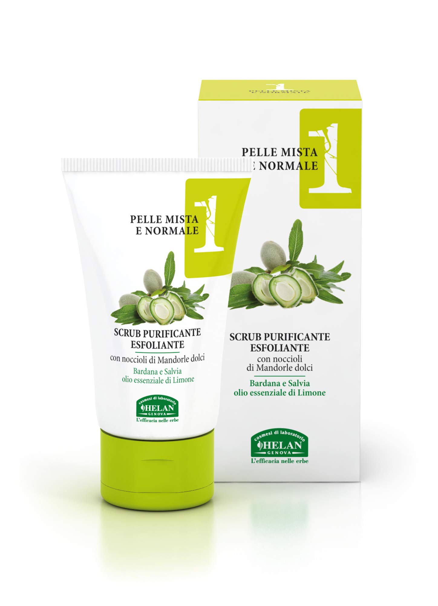 Helan Linea Viso 1 - Face Scrub Exfoliator with Sage Extracts, Lemon Essential Oil, Sweet Almond - Skincare for Combination & Normal Skin with Sebum Rebalancing Properties - Made in Italy, 200 ml