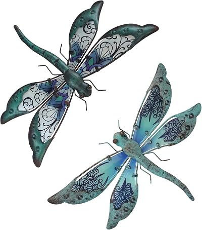 Liffy Glass Metal Dragonfly Wall Decor Pair Outdoor Garden Art Blue