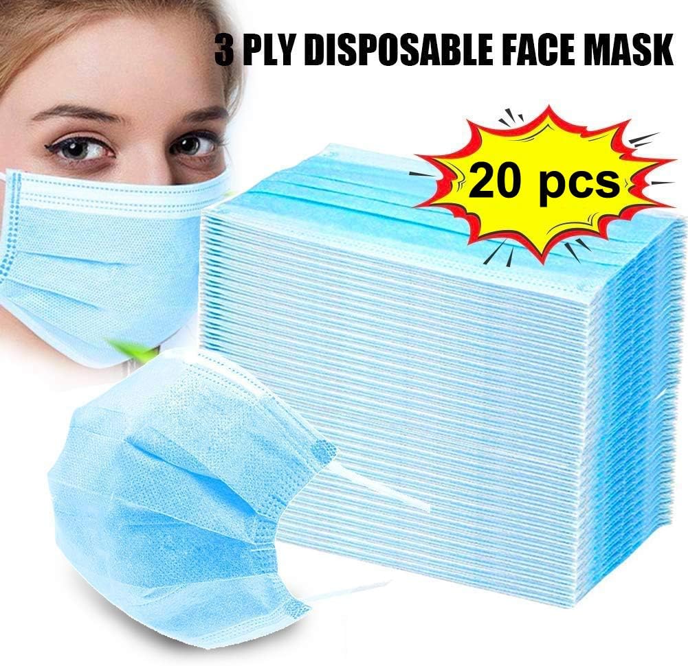 20 Pcs Disposable Face Masks,3Ply Breathable and Comfortable Masks with Earloop Anti Dust Breathable Disposable Earloop Mouth Face Mask,Thick 3-Layer Mouth Face Masks Protection and Personal Health