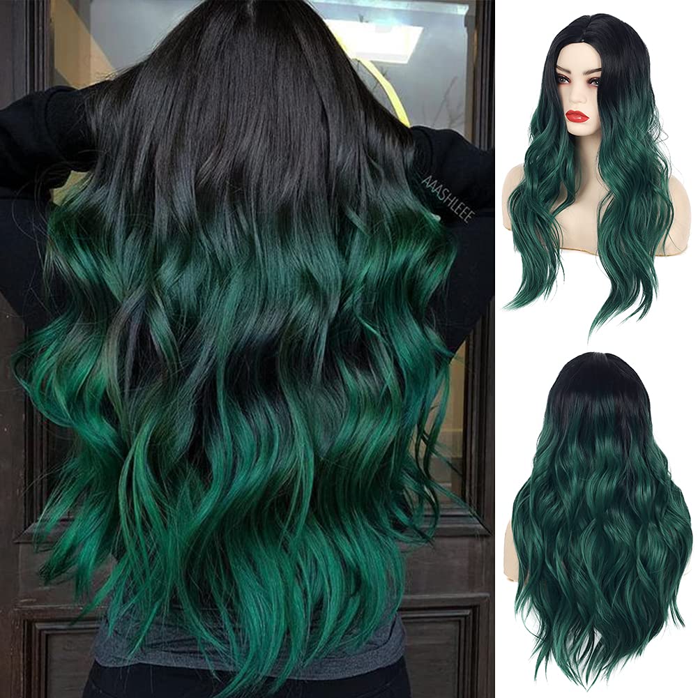Baruisi Long Wavy Ombre Black Green Wig Synthetic Natural Middle Part Cosplay Costume Hair Wigs for Women