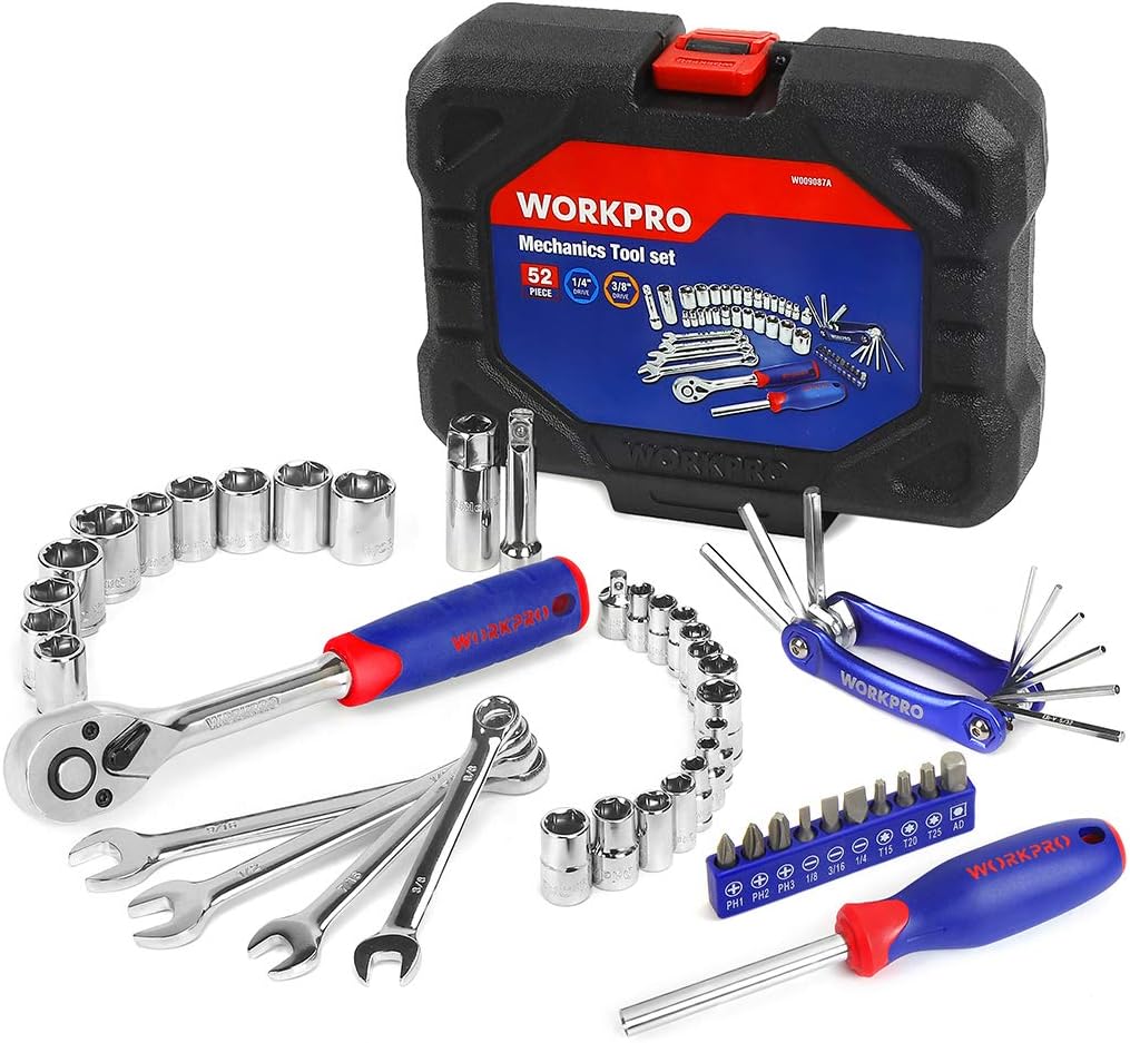 WORKPRO 52-Piece Mechanics Tool Kit, Drive Socket Wrench Set, 3/8-inch Quick-Release Ratchets, with Blow Molded Case, W009087A
