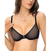 Plusfreeee Sexy Women's See Through Mesh Balconette Bras for Women Demi Sheer Unlined Unpadded Lace Bra Plunge Bralette