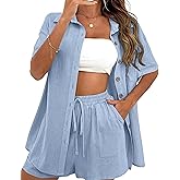 SeekMe Linen Short Sets for Women Short Sleeve Top Shorts 2 Piece Summer Beach Vacation Outfits Lounge Tracksuits