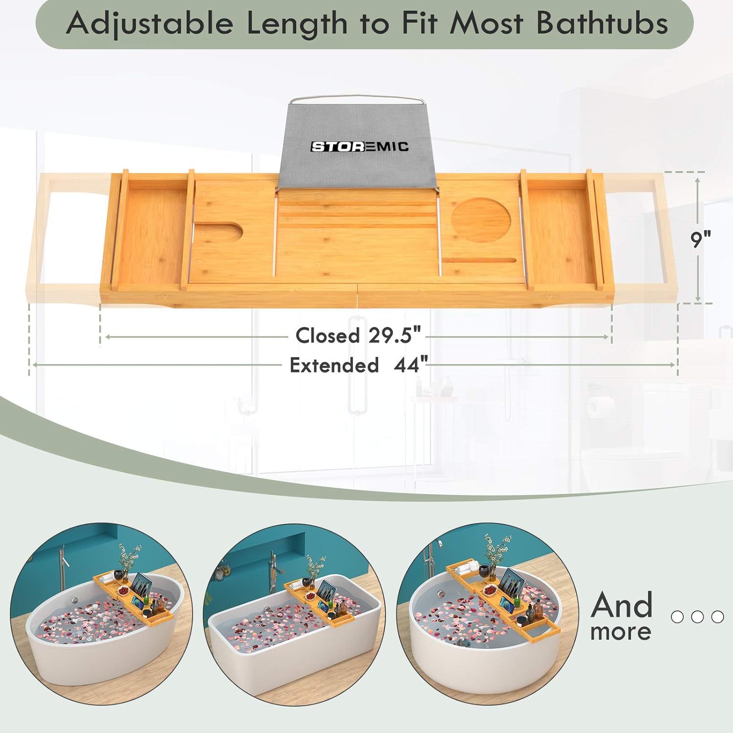 STOREMIC Bathtub Tray Caddy Expandable 29.5-44 Inch Bamboo Bath Tray for Tub with Wine Glass Book Holder Free Soap Holder Romantic Gift: Home & Kitchen