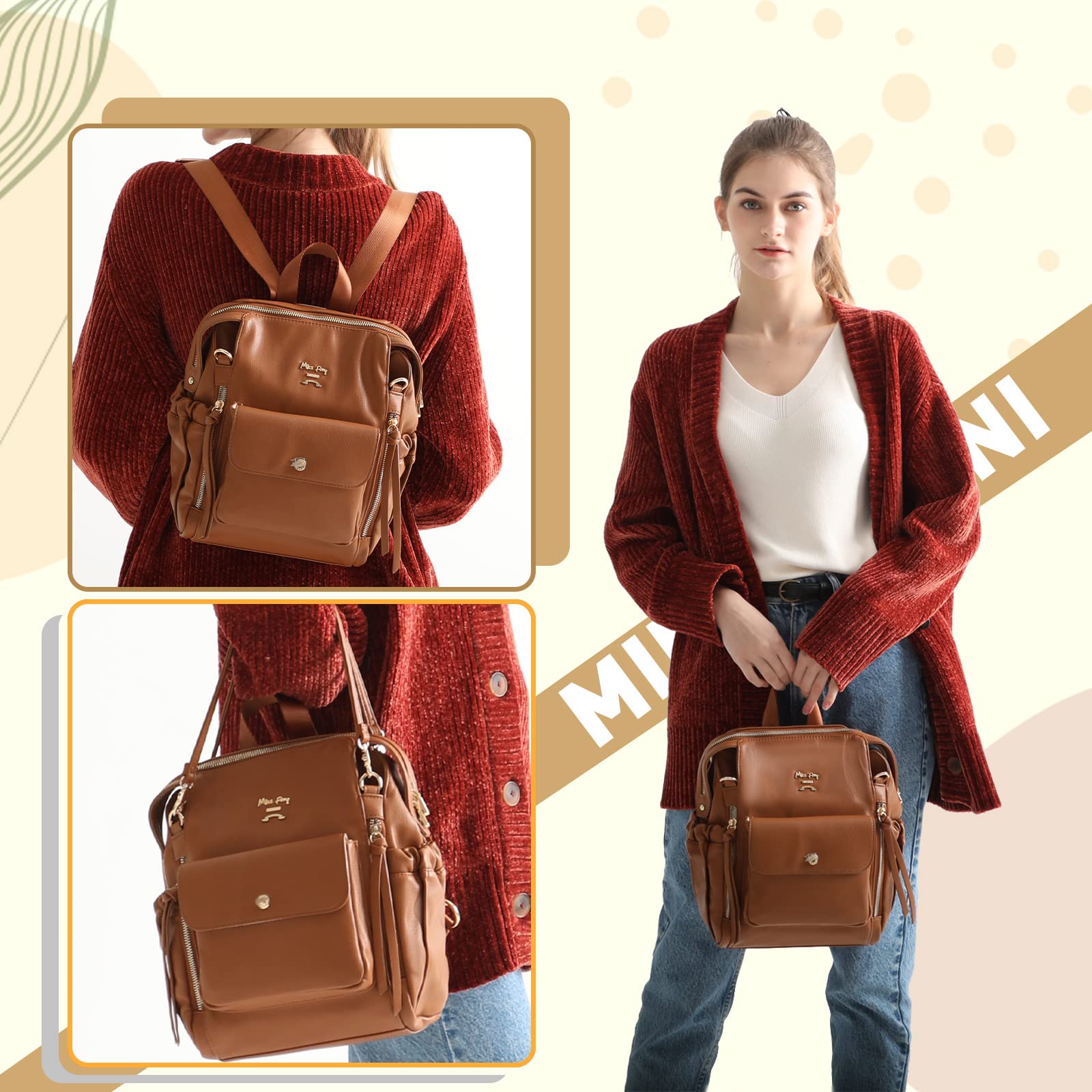 miss fong Small Diaper Bag, Mini Dackpack Leather Diaper Bag Backpack with 12 Diaper Bag Organizer, Insulated Pocket, 2 Insulated Pockets (Brown)