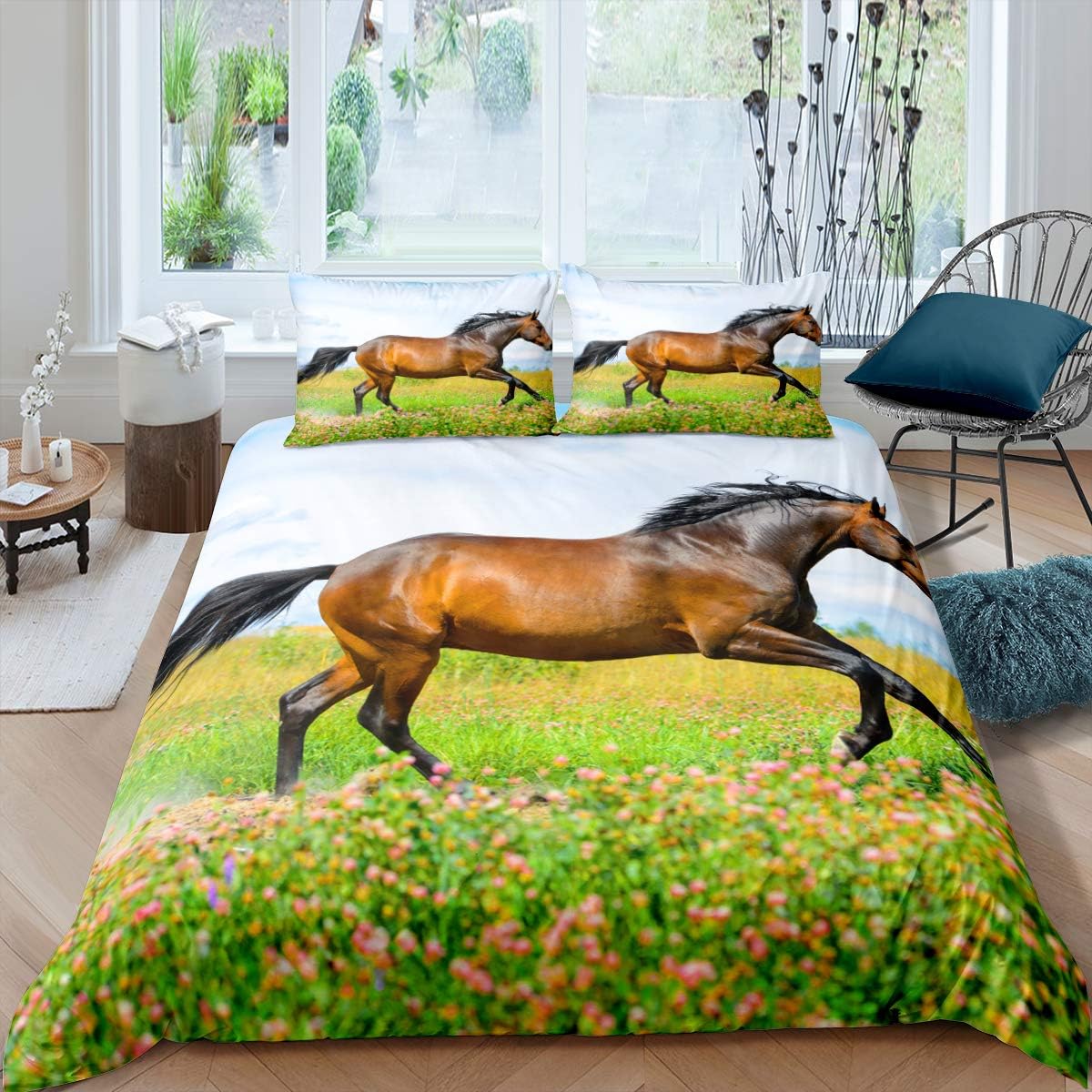 Horse Duvet Cover Single Size 2Pcs Galloping Horse Bedding Set Farm