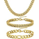 Aospkle 3PCS Cuban Link Figaro Bracelet Necklace for Men, Silver Gold Black Sturdy 316L Stainless Steel Cuban Link Figaro Chain with 2-inch Jewelry Set with Gift Message Card 8mm