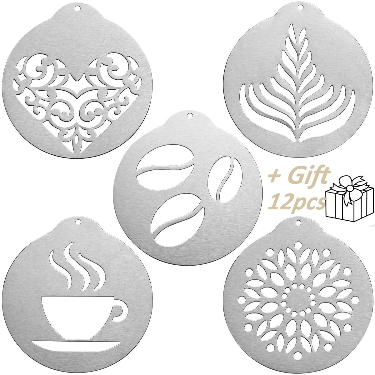 JENNIMER 5Pcs Coffee Stencils, Stainless Steel Printing with 1Pcs 5inch Expander,Barista Cappuccino Arts Garland Mould Cake DIY Decorating Tool for Kitchen and Store
