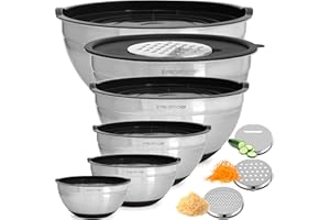 Priority Chef 6Pc Large Mixing Bowls With Lids Set with Non-Slip Bases, Stainless Steel Mixing Bowl Set, 6 Airtight Lids and 3 Graters, Black