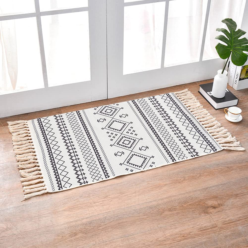 INKAROBOX Cotton Rugs with Tassel Woven Cotton Throw Rug Runner for Kitchen, Living Room, Bedroom, Laundry Room, Entrance Area (White Diamond, 60x130cm)