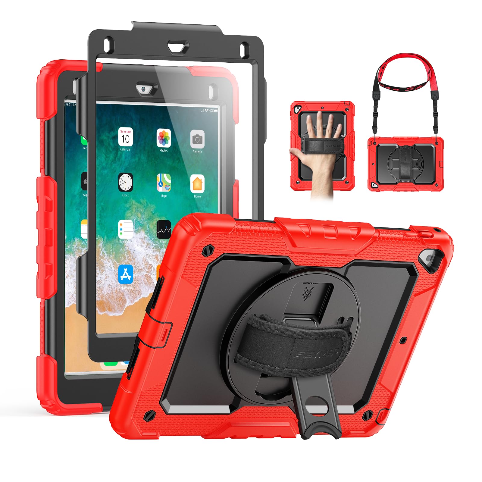 SEYMAC Case for iPad Air 2, iPad 5th/6th Generation, iPad Pro 9.7, Shockproof Protective Case with 360° Degree Stand [Hand & Shoulder Strap] Screen Protector for iPad 9.7 Inch, Red — image 1