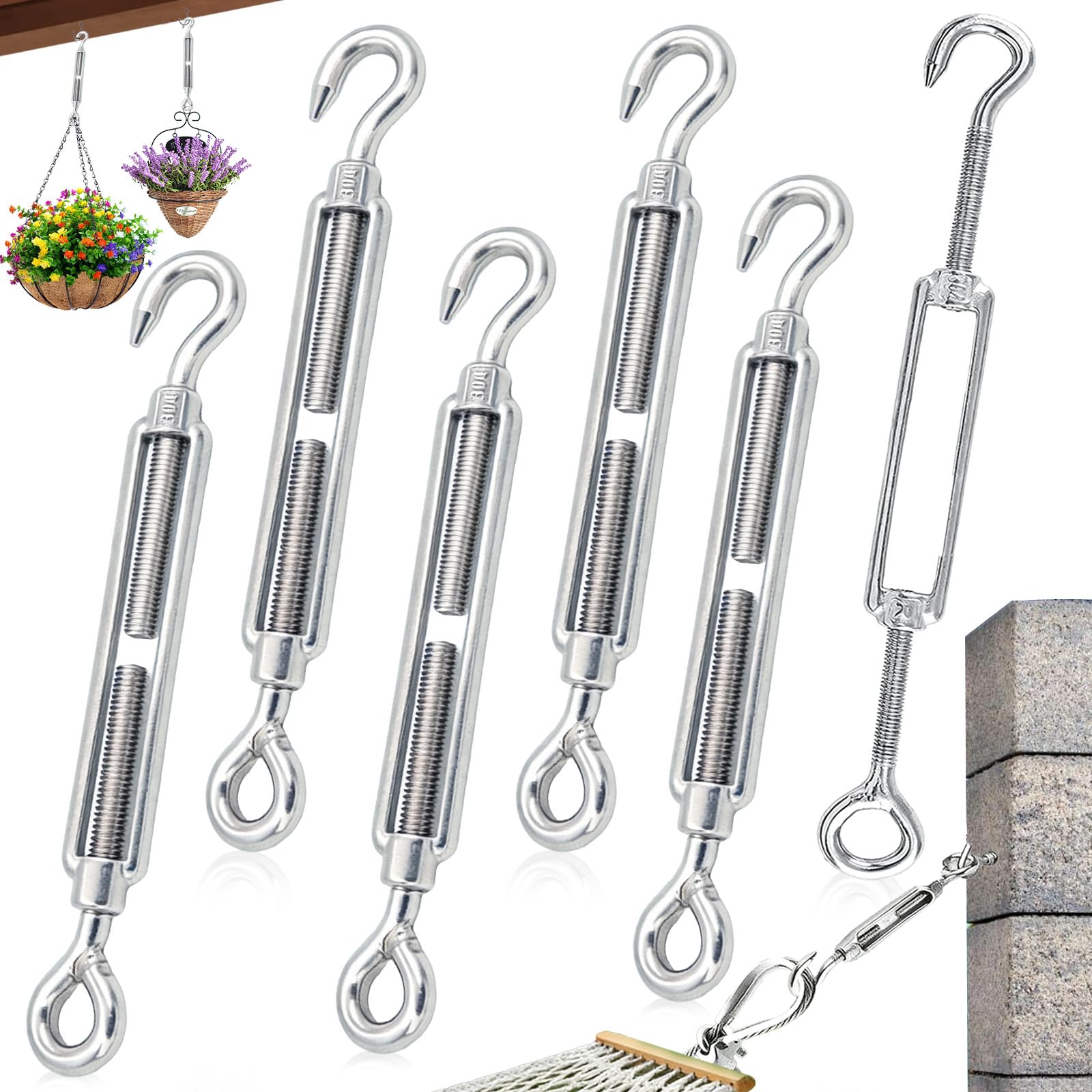 Oneroomone 6 Pcs Wire Tensioner 304 Stainless Steel Turnbuckle Tensioner Turnbuckle with Hook and Eye Accessories for Adjusting Wire Rope and Washing Line