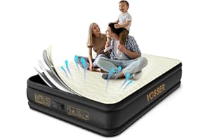 VOSSER Queen Air Mattress with Built-in Pump,Foam Topper Inflatable Mattress,Luxury Blow Up Mattress 2 Mins Self-Inflation/Deflation - Breathable and Flatness-Free for Camping, Home & Guests