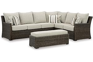 Signature Design by Ashley Brook Ranch Casual Nuvella Weather Resistant Fabric Right Hand Facing Outdoor Sofa Sectional/Bench with Cushion and 6 Throw Pillows, Set of 3, Beige & Dark Brown