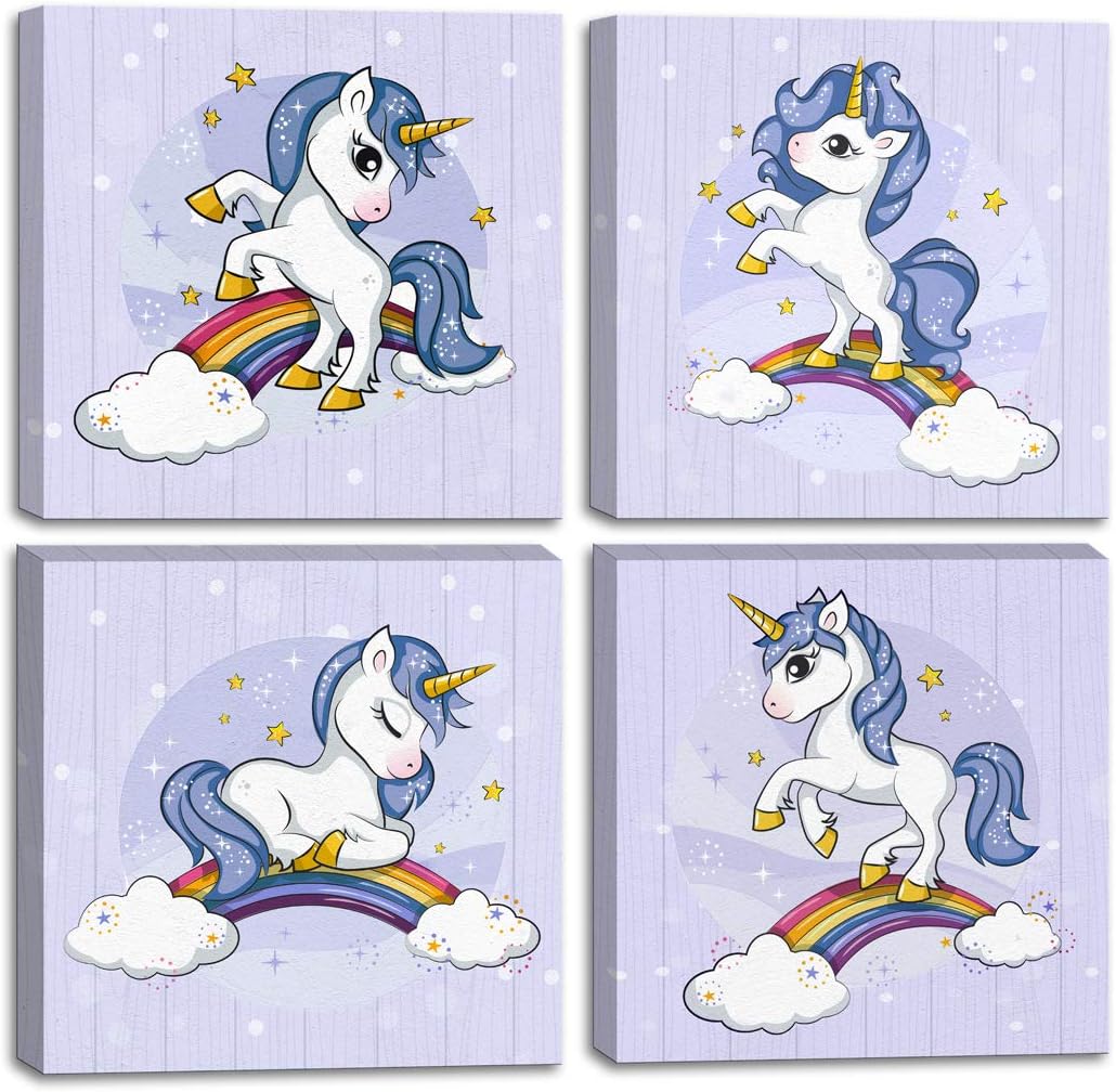 4 Pieces Modern Artwork Blue Purple Unicorn Wall Decor for Bedroom Rainbow Star - Cloud Cute Unicorns Wall Art Pictures Home Decoration Framed Canvas Print Painting Bathroom Gifts "12x12"4/piece set