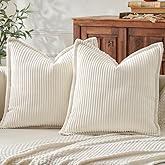 Mecatny Corduroy Spring Throw Pillow Covers 18x18 Set of 2, Neutral Decorative Soft Boho Couch Pillow Covers with Broadside for Sofa Living Room, Cream White