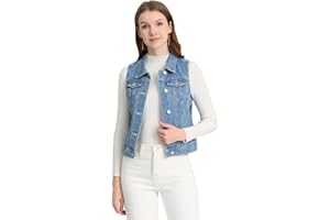 Allegra K Women's Buttoned Washed Denim Vest Jacket W Chest Flap Pockets