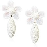 Just Follow Flower Rattan Earrings for Women Statement Boho Raffia Straw Wrapped Flower Drop Dangle Earrings Summer Tropical Beach