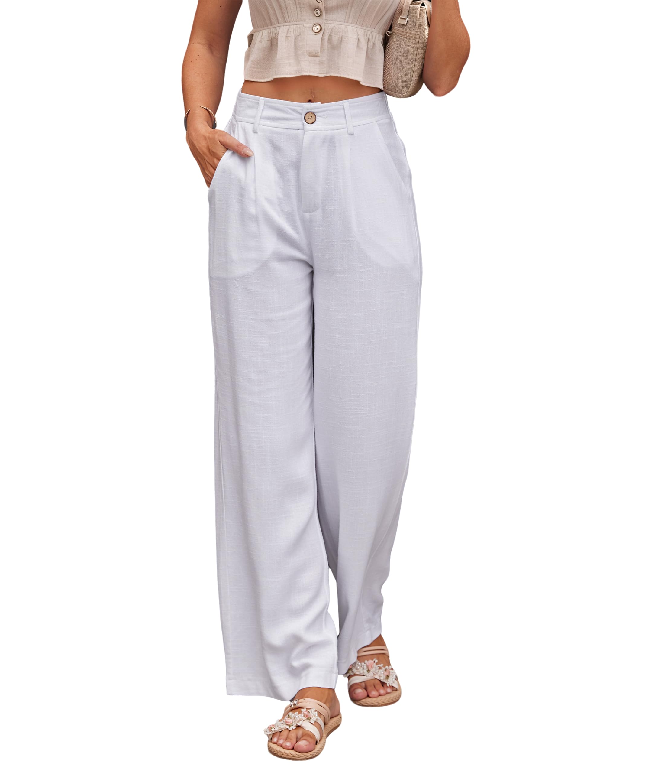 Photo 1 of heipeiwa Women's Linen Casual High Waist Wide Leg Straight Dress Cotton Linen Pants Button Trousers, XL