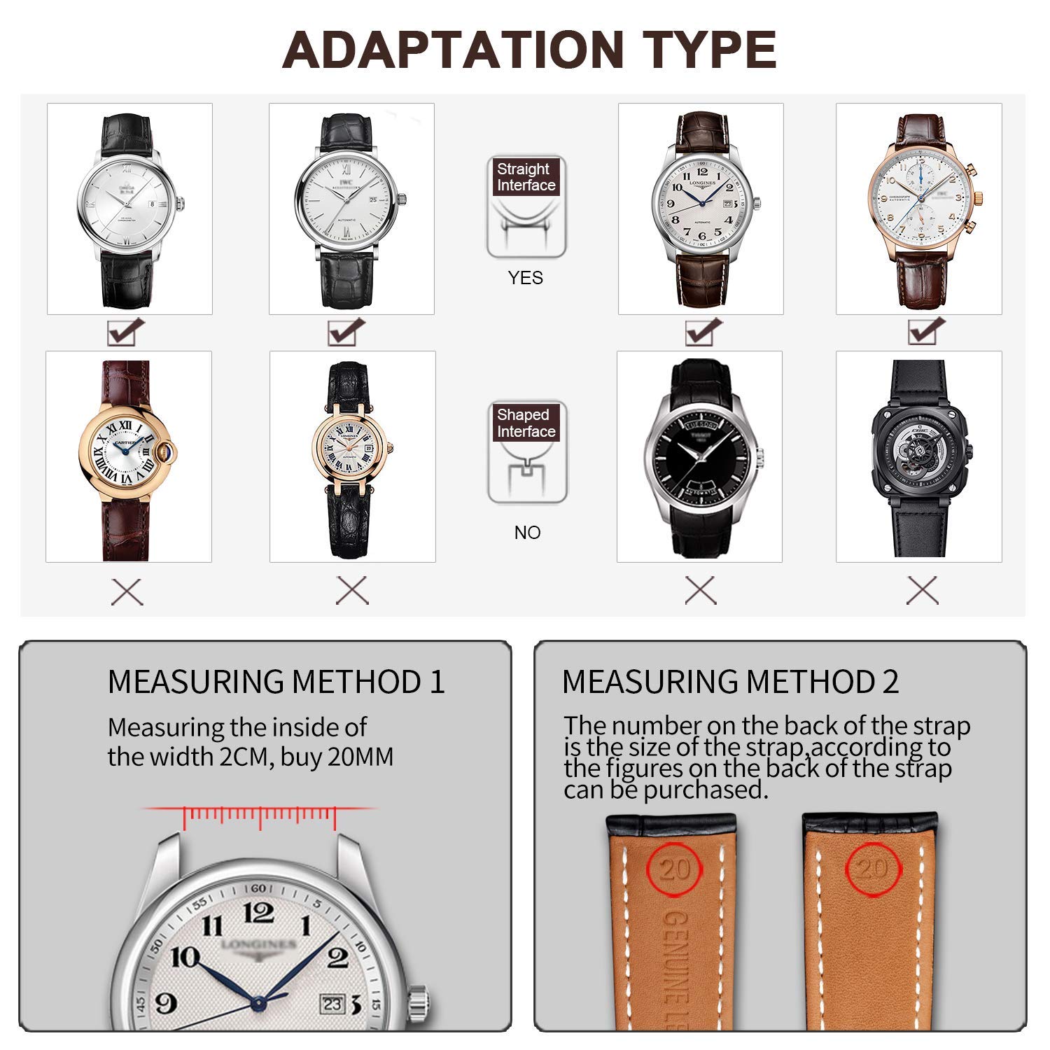 Moran Genuine Leather Band Alligator and Cowhide Replacement Deployment Buckle Watch strap18mm to 24mm Crocodile Leather Strap for Men's and Women's