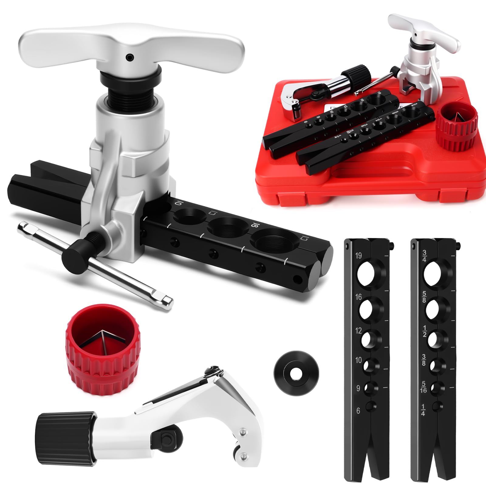 Photo 1 of faxhool Flaring Tool Kit, HVAC Pipe Expander Tool, 1/4'' - 3/4'' and 6-19mm 45° Eccentric Single Flare Tool with Tubing Cutter and Cylinder Style Deburring Tool for Copper Tube Expander