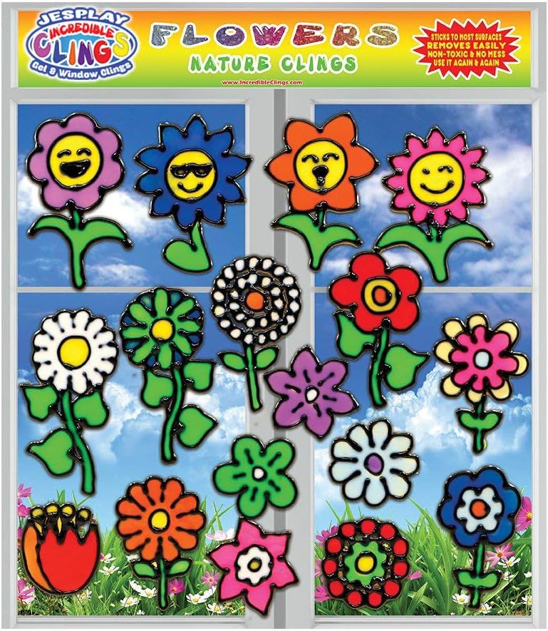 Flowers Flexible Gel Clings - Window Clings for Kids and Adults - Sunflower, Rose, Tulip, Daisy Reusable Gel Decals for Glass Surfaces, Smooth Walls, Flower Vases, Pots, Classrooms and More