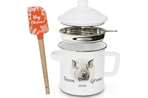 PGYARD Bacon Grease Container With Strainer, 46OZ Large Enamel Grease Container, With Silicone Spatula, Farmhouse Bacon Grease Keeper-White