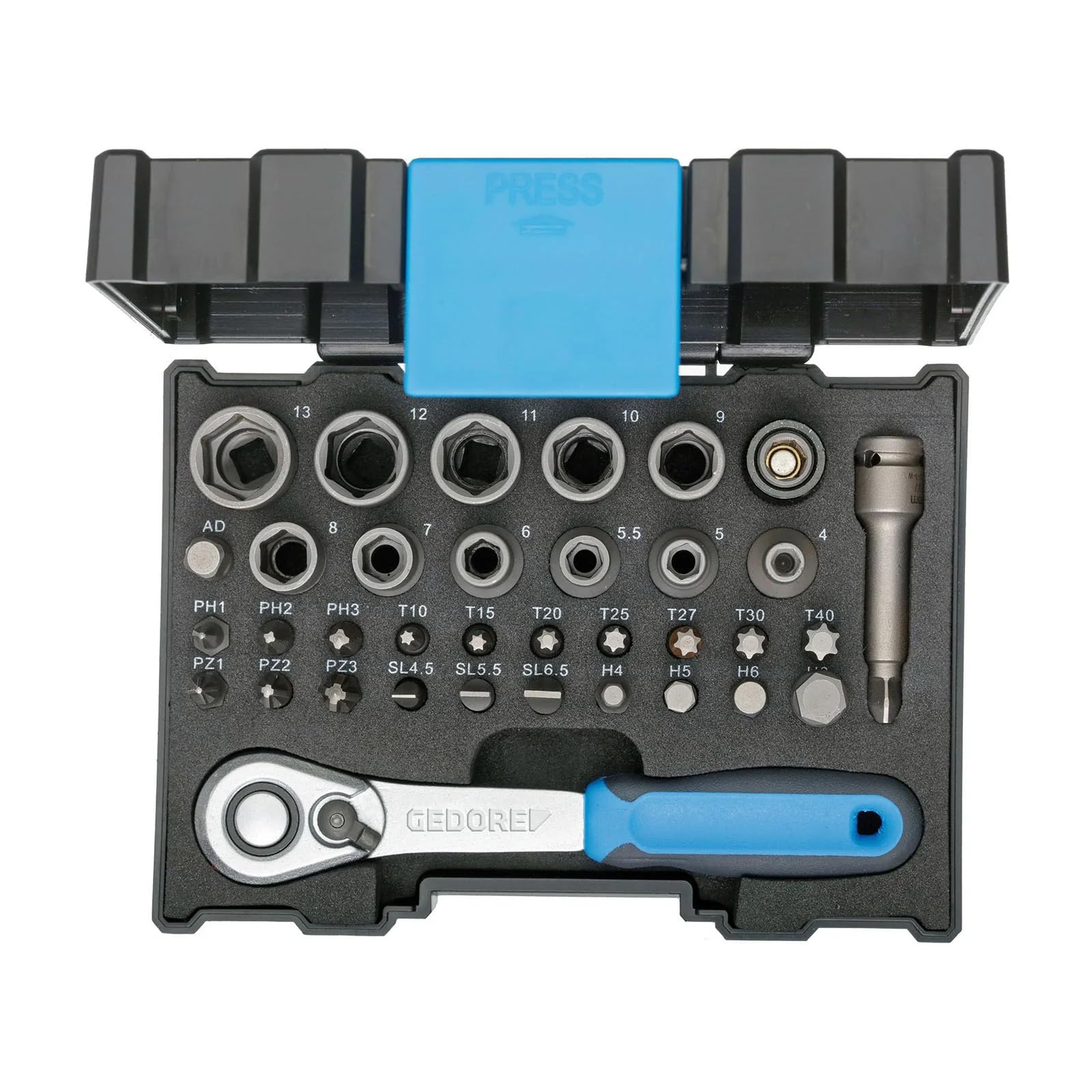Gedore 666-U-20 1/4-Inch Socket Wrench Set - Blue/Silver (35-Piece)