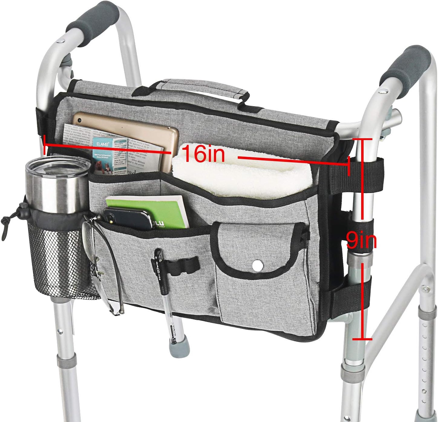 Double Sided Walker Bag, Walker Organizer Pouch Tote for Rollator and Folding Walker (Grey): Health & Personal Care