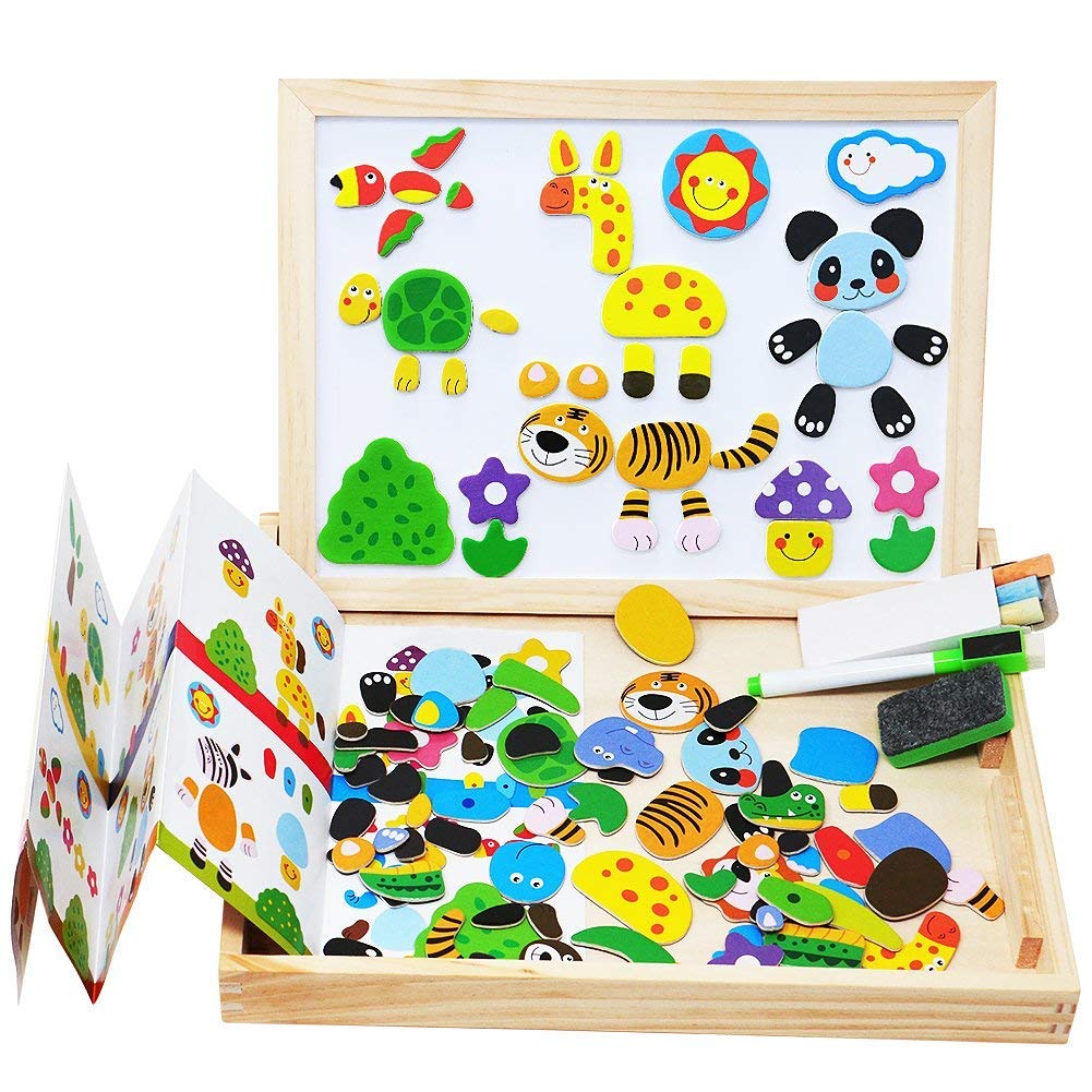 MOVEONSTEP Magnetische Holzpuzzles, Puzzle Magnetisch Pädagogisches Holzspielzeug 100 STÜCKE Doppelseitiges Magnetisches Reißbrett mit 3 Farbe Mark Stifte für Kinder Alter 3 +(Panda)