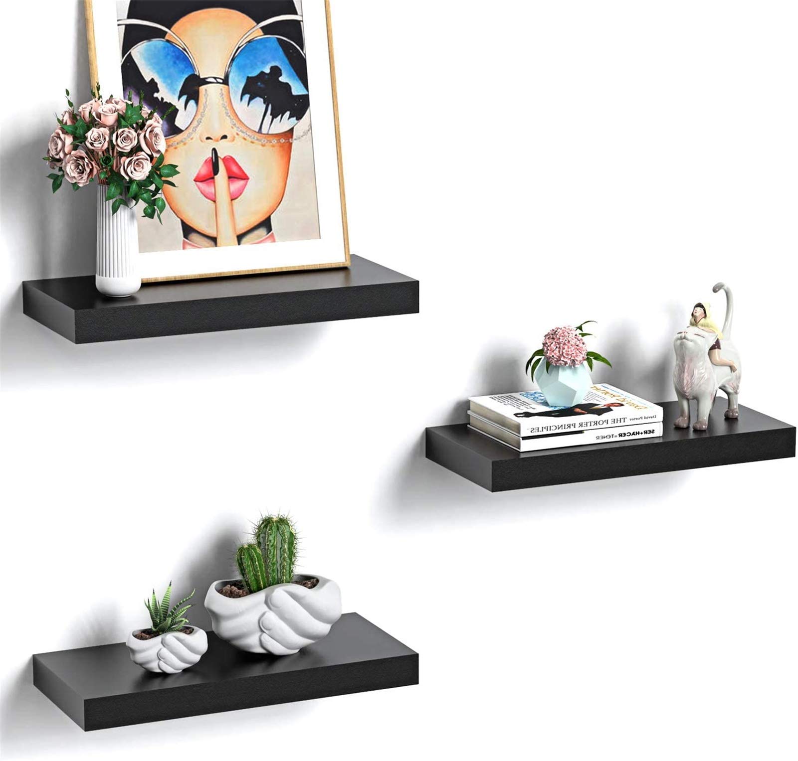 Amada Floating Shelves Invisible Wall Mounted 3 Sets, Modern Faux Wood Storage Shelves with Matte Finish, Perfect for Bedroom, Bathroom, Living Room and Kitchen Decoration (Black)