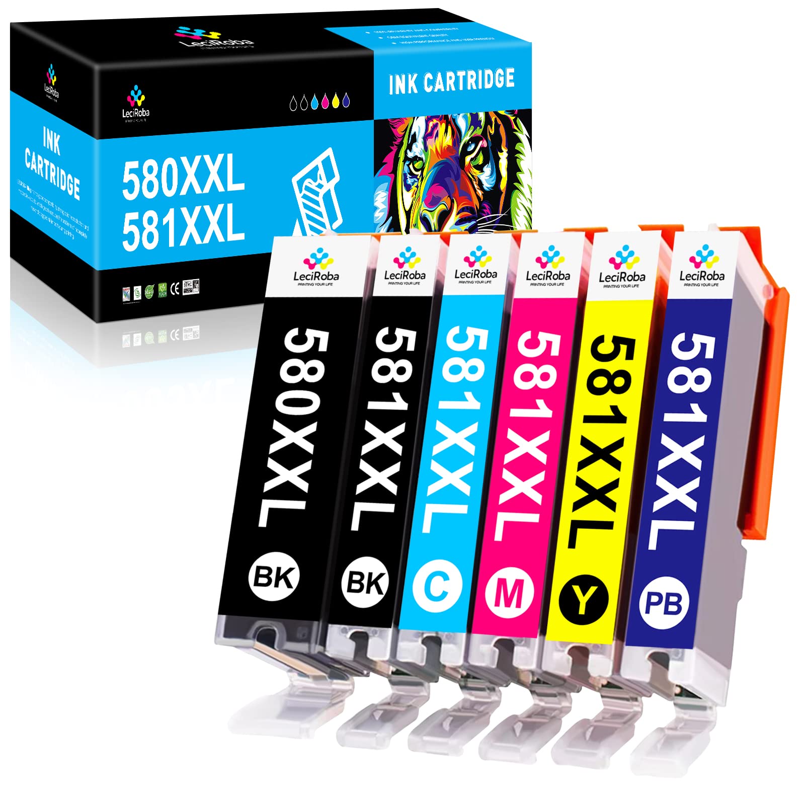 LeciRoba 580XXL 581XXL for Canon 580 & 581 ink cartridges and 580xxl 581xxl,for PGI-580 xxl CLI-581 XXL,for Canon TR7500 TR8500 TS6100 TS6200 TS6300 TS700 TS8200 TS8350 TS9150 Printers (6 PACK)