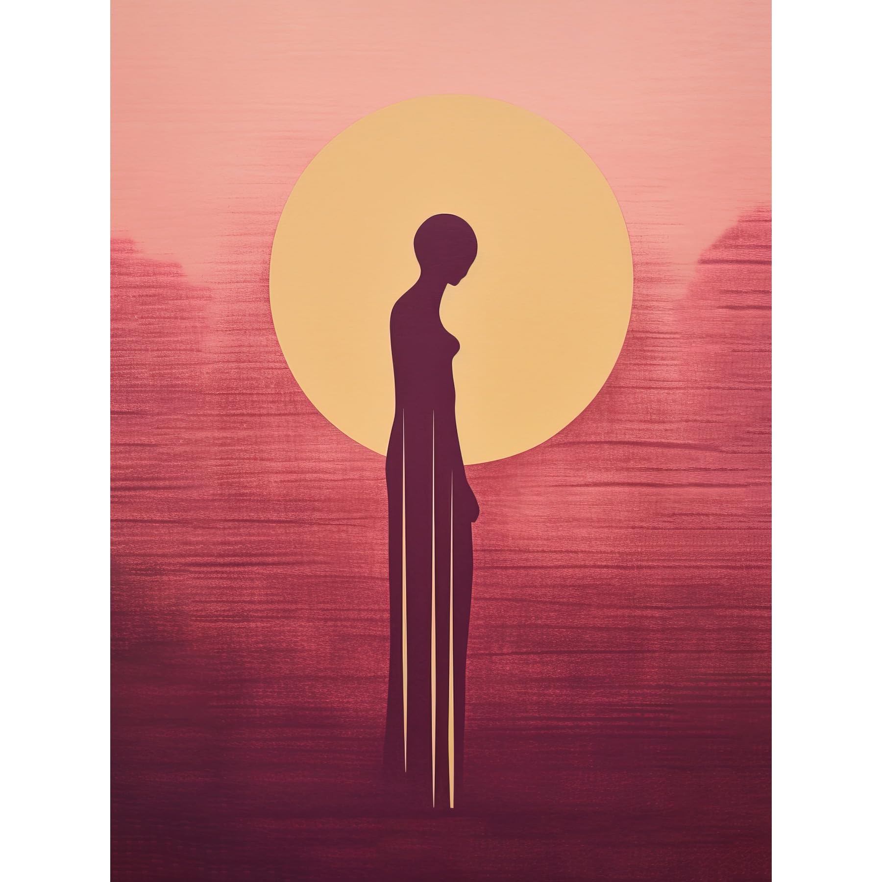 Artery8 Sunrise Solitude Minimalist Artwork Plum Pink Gold African Woman Silhouette in Golden Sun Halo Extra Large XL Wall Art Poster Print