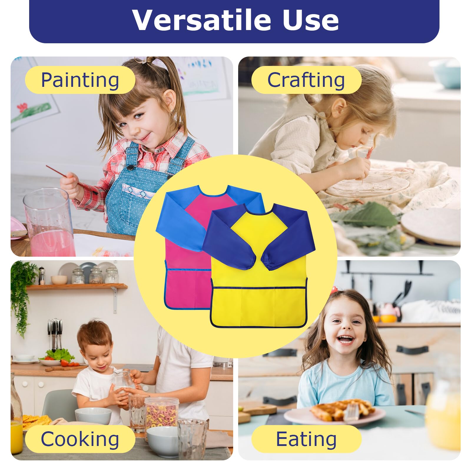 Kids Painting Apron 2 Pack, Waterproof Toddler Art Smock, Artist Smock for Kids Age 2-8 with Long Sleeve and 3 Pockets