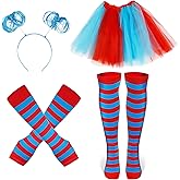 WOVOWOVO Blue Tutu Costume Accessories for Women Girls Blue Pom Pom Headband Tulle Skirt Blue and Red Stripe Gloves Socks Set