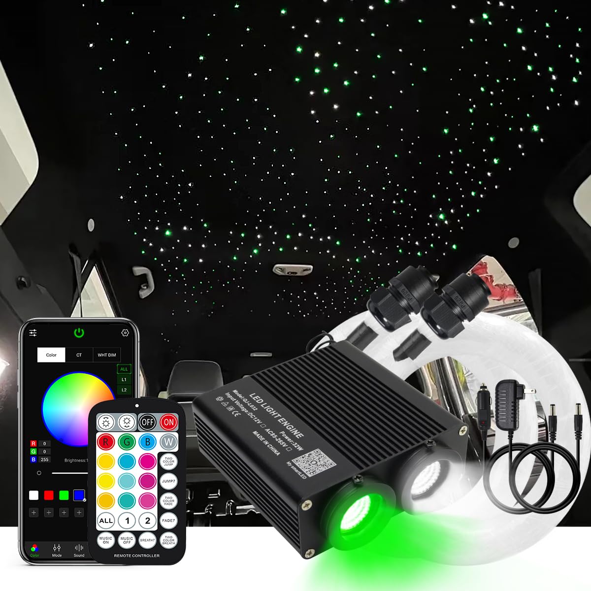 Photo 1 of New AKEPO 32W Dual-Head RGBW APP Control Different Color Fiber Optic Lights, 750pcs of Mixed Optical Fibers in 9.8ft+Music Activated Fiber Optic Star Ceiling Light Kit for Truck Headliner Star/Home