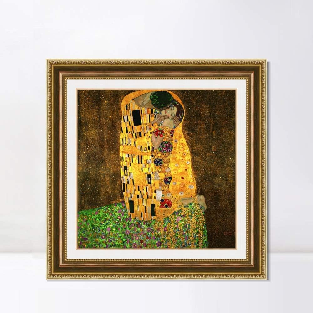INVIN ART Framed Canvas Art Giclee Print The Kiss by Gustav Klimt Wall Art Living Room Home Office Decorations(Embossed Gold Frame with Liner,32