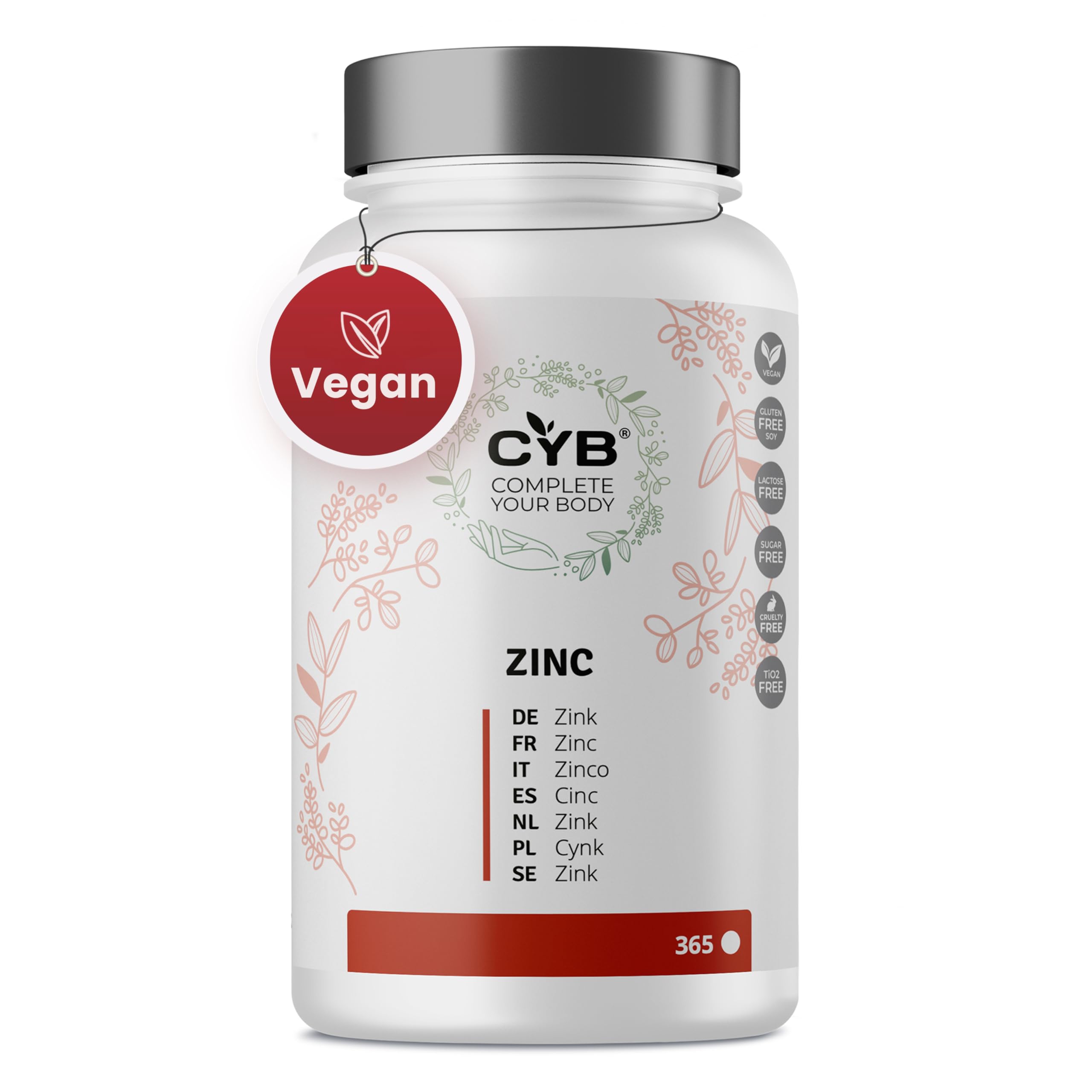 CYB | Zinc Tablets 50mg – 365 Vegan Tablets for 6 Months Supply - Vegan Daily Supplement - Easy to Swallow - Zinc Supplements Multivitamins Vitamins & Minerals - Gluten & Lactose Free