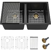 33 Granite Composite Kitchen Sink Double Bowl - Fulorni 33"&times;19" Granite Kitchen Sink Black Undermount Double Bowl 50/50 Matte Black Quartz Classic Composite Under Counter Sink Basin