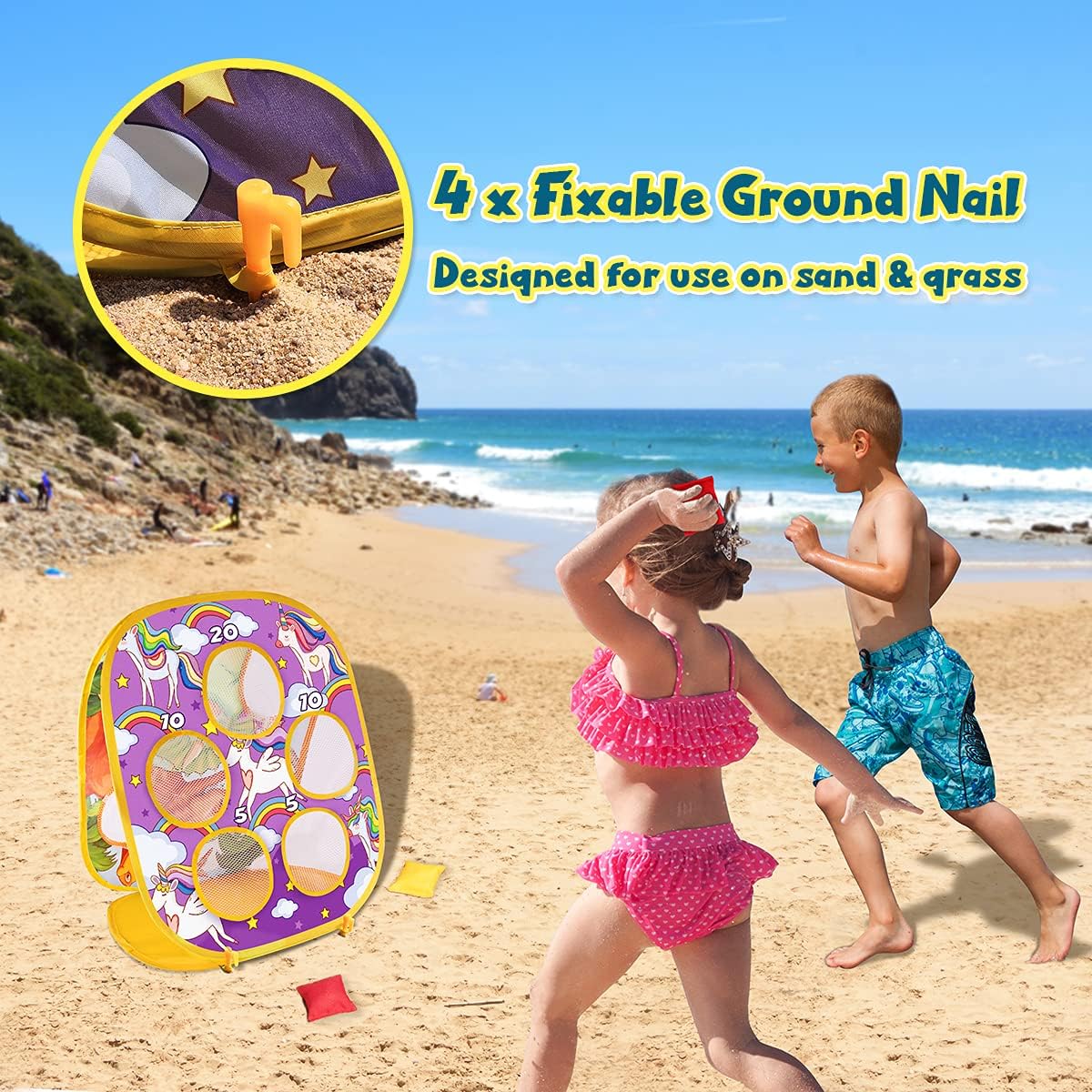 Duckura Bean Bag Toss Game for Kids,Outdoor Summer Beach Toys for Toddler-Collapsible Cornhole Game Set, Dinosaur & Unicorn Themes, Indoor Birthday Party Gift Toys for Kids Age 3 4 5 6+ and Adults: Toys & Games