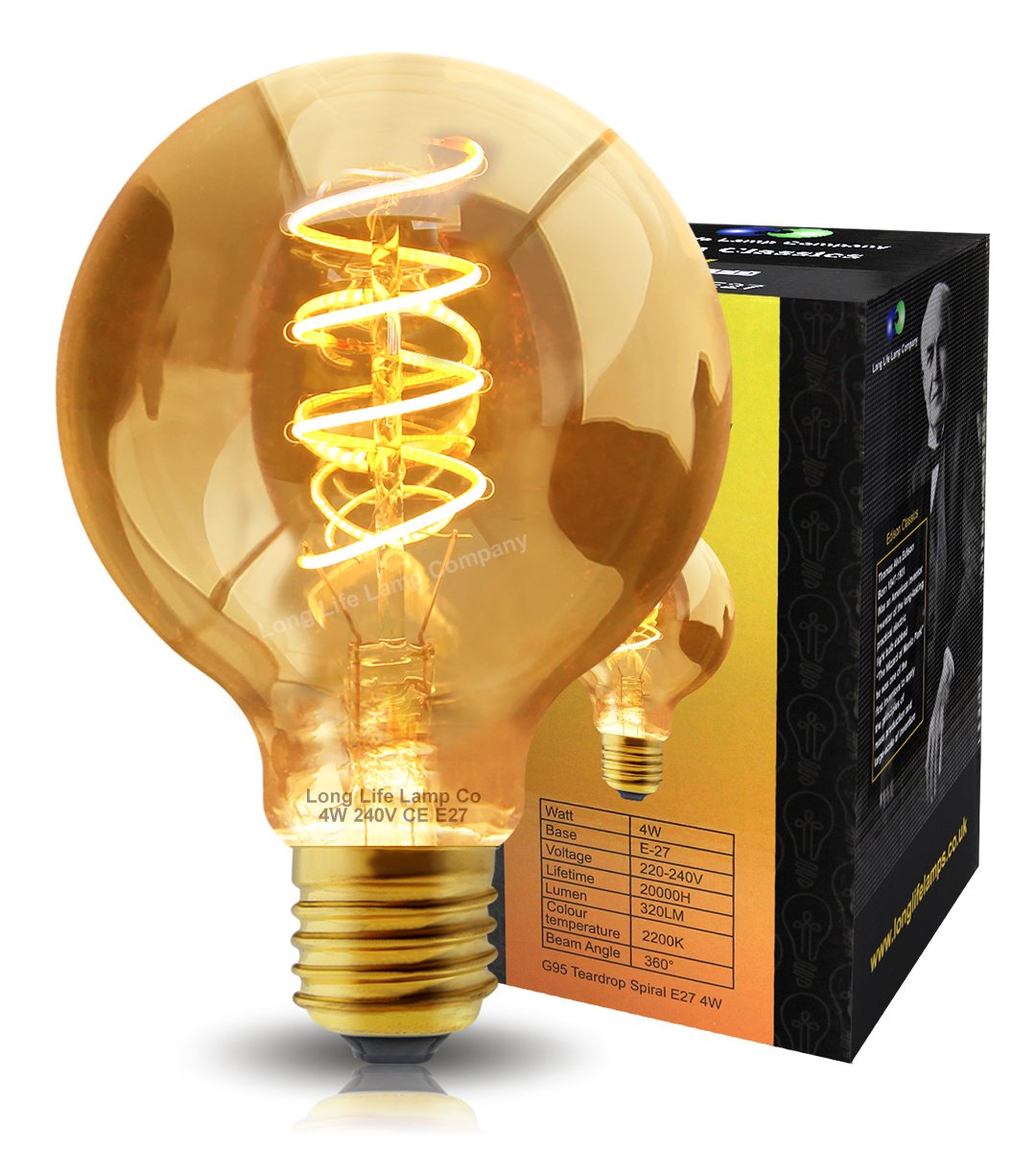 Long Life Lamp Company Retro Vintage Globe LED 4w Edison Style Spiral Filament Bulb Smoked Gold Glass G95 Teardrop E27