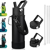 BJPKPK Insulated Water Bottle with Straw Lid, 22oz Thermal Flasks Water Bottles with 3 Lids, Paracord Handle & Non-slip Boot, BPA Free Leak Proof Stainless Steel Tumblers, Cups,Black