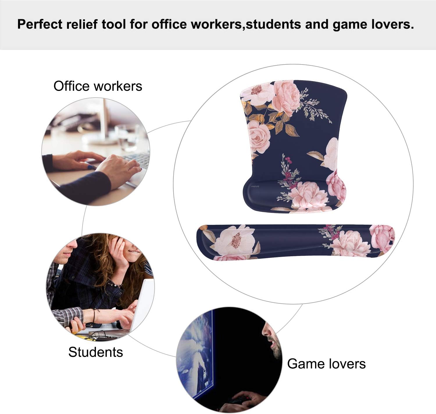 MOSISO Wrist Rest Support for Mouse Pad & Keyboard Set, Peony Ergonomic Mousepad Non-Slip Rubber Base Home/Office Pain Relief & Easy Typing Cushion with Neoprene Cloth & Raised Memory Foam, Blue: Computers & Accessories