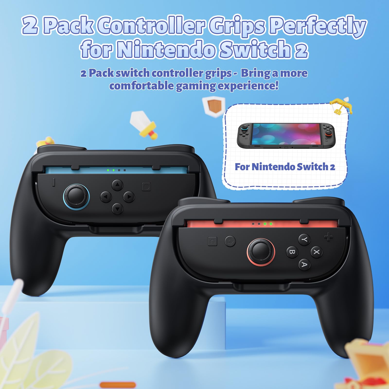 FASTSNAIL Grips for Nintendo Switch 2 (2025) for Joy-Con 2, Wear-Resistant & Anti-Slip Switch2 Controllers Grips Handle Kit, Switch Holder Accessories for JoyCon 2 (Black Black)