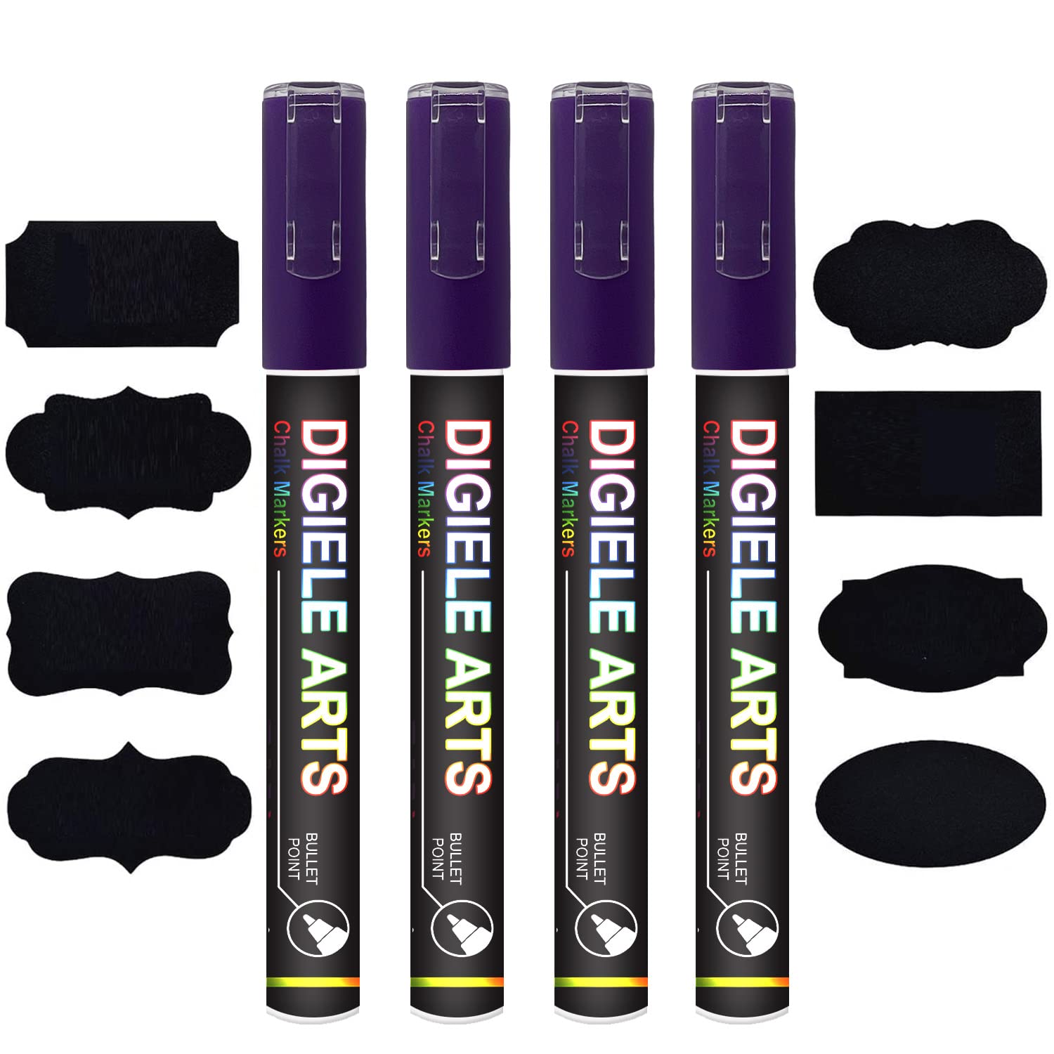 Purple Chalk Marker Pens, DIGIELE 3mm Purple Liquid Pen Markers, Dry or Wet Wipe Erase, Reversible Bullet or Chisel Tip for Blackboard, Whiteboard, Window & Glass, 4 Pens & 16 Chalkboard Labels Packed
