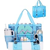 WANDF Mesh Beach Bag for Women, Large Beach Tote Bags with 40oz Tumbler Side Pockets, Family Pool Bag for Swim Toys Towels Cruise Vacation Essentials (Blue) | Breathable