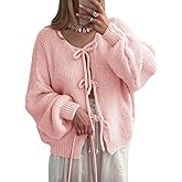 Saodimallsu Womens Tie Front Cardigan Sweaters Cute Bow Puff Long Sleeve 2025 Fall Loose Ribbed Knit Trendy Sweater Tops