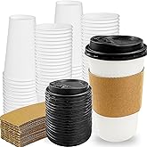 Alaeseje 50 Pack 16 oz Paper Coffee Cups with Lids,Leak-Proof White Hot Beverage Cups with Lids and Sleeves,Disposable Insulated To Go Coffee Cups for Office Party Travel
