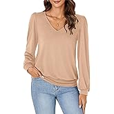 Vrtige Women's Casual Banded Bottom V Neck Puff Long Sleeve Tunic Top Blouse Shirt